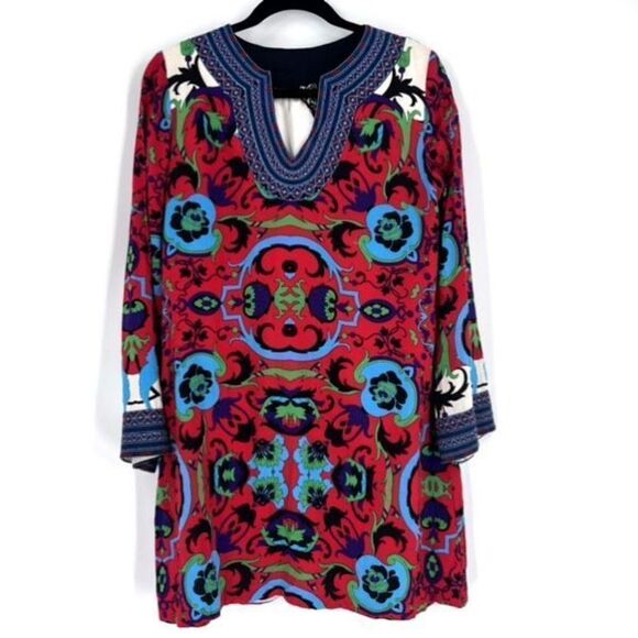 Taka by Takawear Women's Floral Split Neck Bohemian Cover Dress Blue Red large - Picture 1 of 14